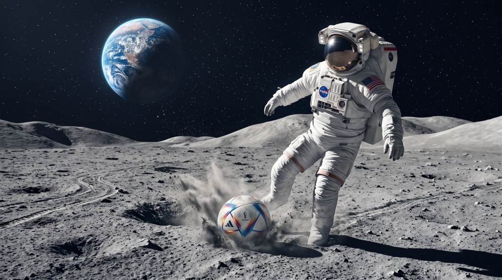 Rappresentazione concettuale di un pallone da calcio sulla superficie della Luna missione NASA Artemis