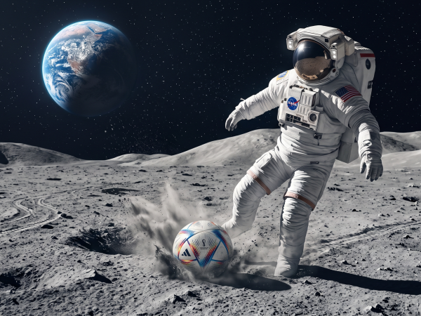 Rappresentazione concettuale di un pallone da calcio sulla superficie della Luna missione NASA Artemis