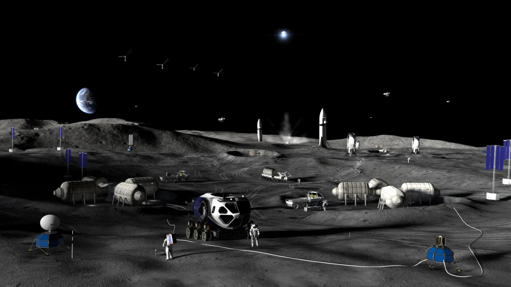 Rendering 3D della futura base lunare internazionale. Credito: NASA
