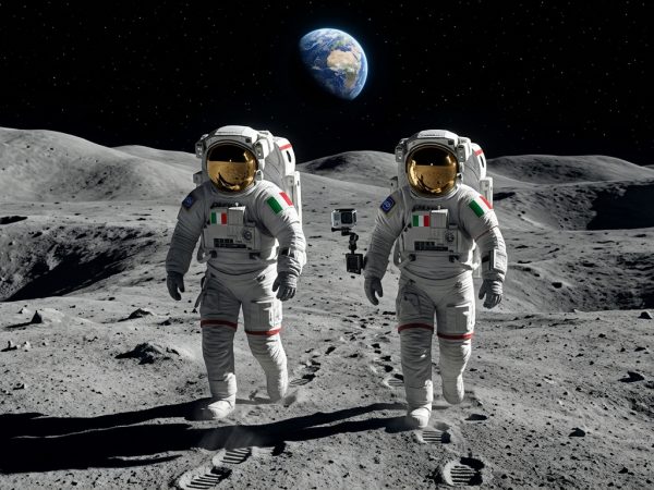 Rappresentazione artistica di due astronauti italiani sulla superficie della Luna