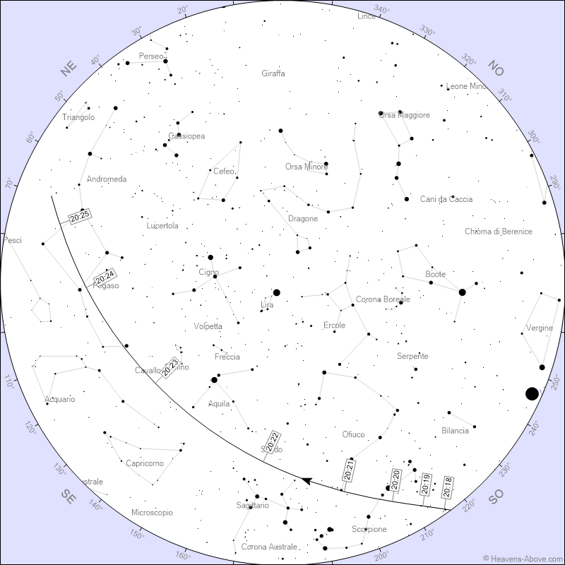 Il passaggio della ISS di questa sera con la mappa attraverso le costellazioni della volta celeste