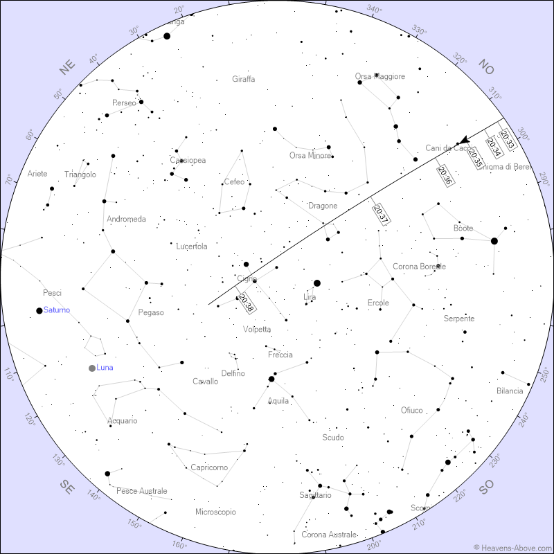 Il passaggio della ISS di questa sera con la mappa attraverso le costellazioni della volta celeste