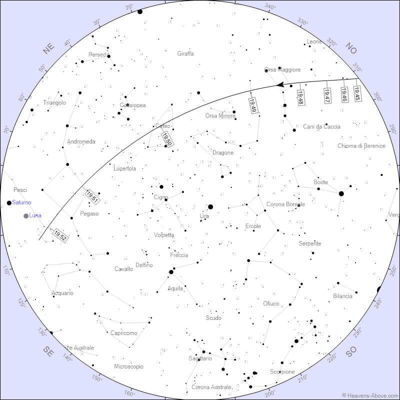Il passaggio della ISS di questa sera con la mappa attraverso le costellazioni della volta celeste