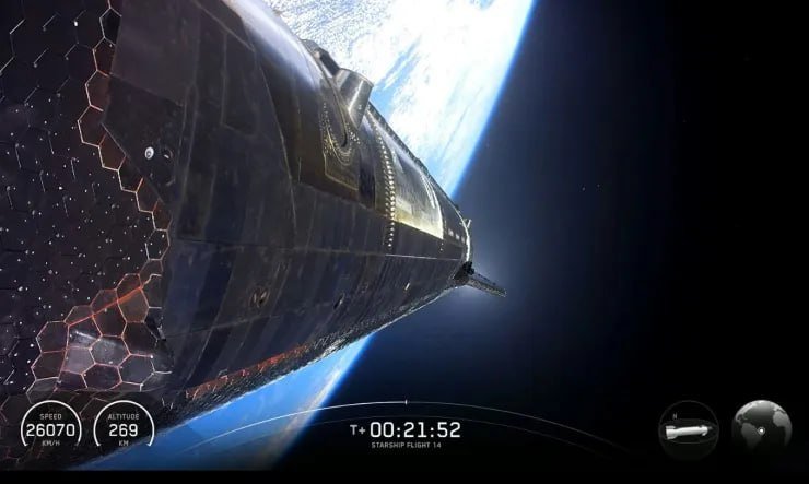 La Starship S41 durante la manovra di ingresso nell'orbita terrestre. Credito: SpaceX