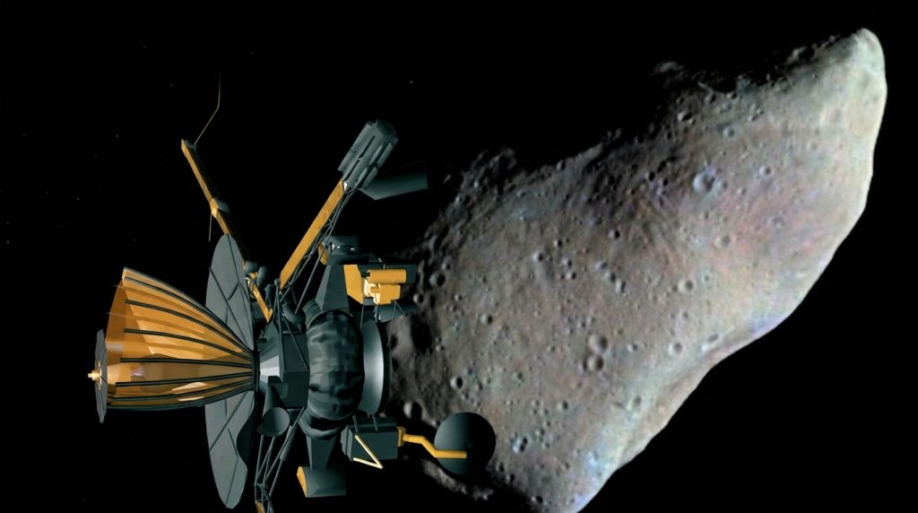 Immagine, generata dall'AI, dell'incontro tra la sonda Galileo e l'asteroide Gaspra