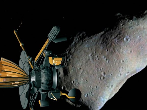 Immagine, generata dall'AI, dell'incontro tra la sonda Galileo e l'asteroide Gaspra