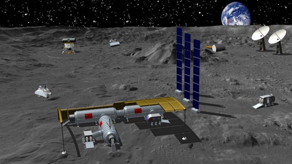 Rappresentazione artistica di una base lunare cinese. Credito: CNSA, reattori nucleari
